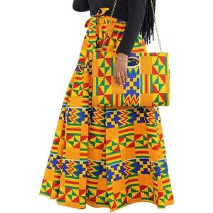 African Kente Print Maxi Skirt Handbag & Headwrap Set One Size